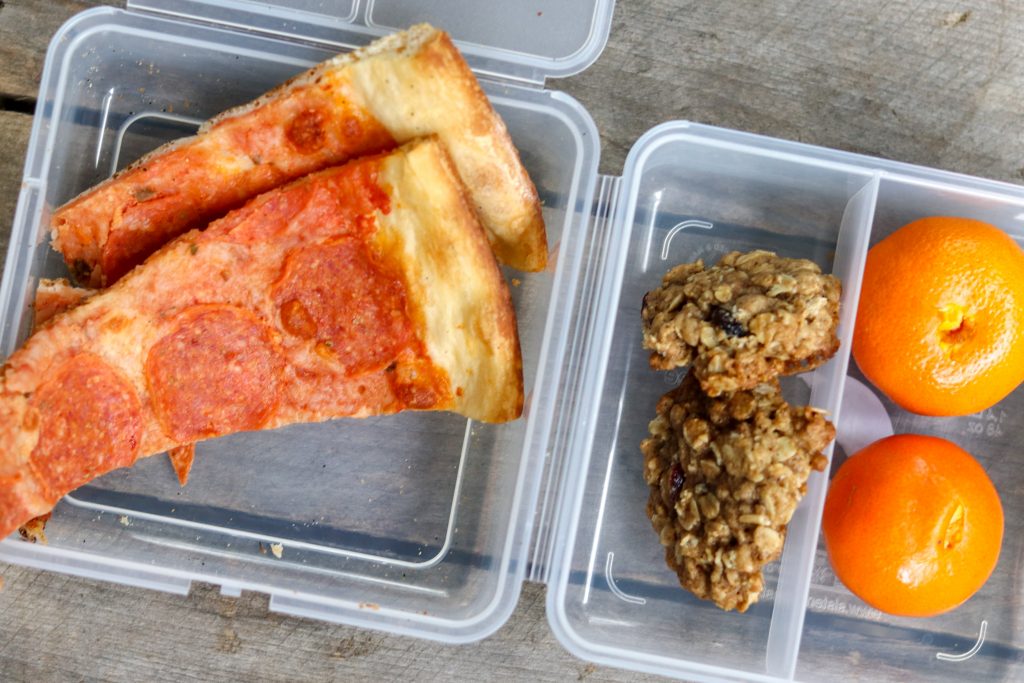 Lunch Leftover Pizza, oatmeal cookies, clemintines