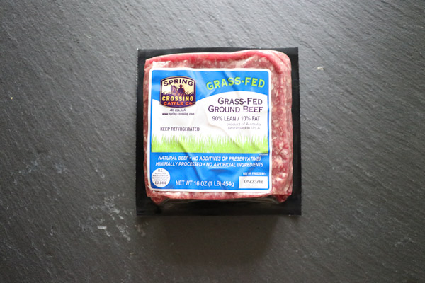 grass fed ground beef in it's packaging