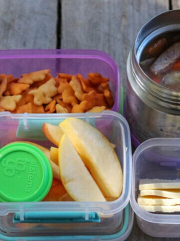 School unch. 3 plastic containers filled with a snack mix, apples, and cheese and an opened thermos filled with soup.