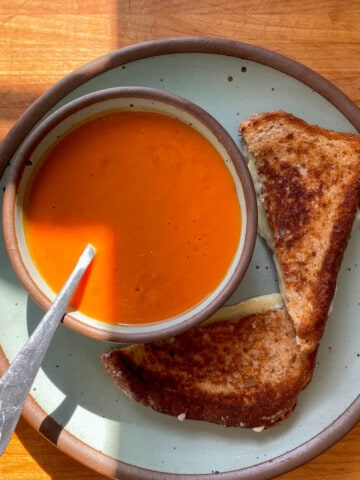 Tomato soup and grilled cheese served on East Fork pottery.