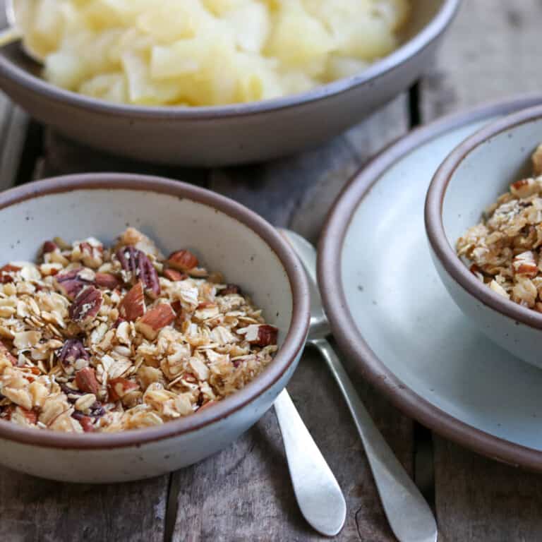 Warm Apples with homemade granola in East Fork pottery in eggshell glaze.