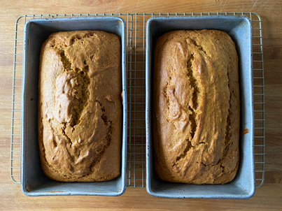 This recipe for Spiced Pumpkin Bread makes 2 loaves.