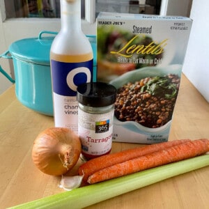 Ingredients for 15 Minute Lentil Ragout which include celery, carrot, onion, garlic, dried tarragon, Trader Joe's French lentils.