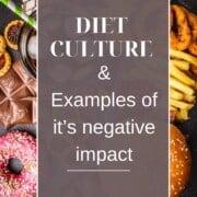 A variety of food, including donuts, chocolate, fries, and candy, surrounds a text overlay that reads "Examples of Diet Culture & Its Negative Impact.