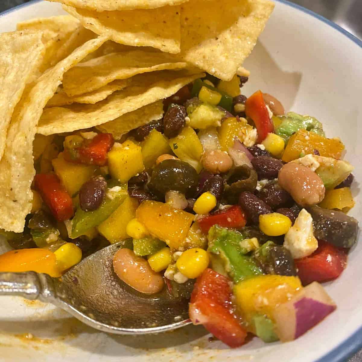 A bowl of colorful bean salsa with corn, tomatoes, red onion, black beans, bell peppers, avocado, and a few tortilla chips on the side—perfect for after school snacks. A spoon rests in the bowl, ready to scoop the salsa.