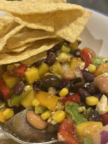 White bowl with blue rim filled with a bean salsa and tortilla chips