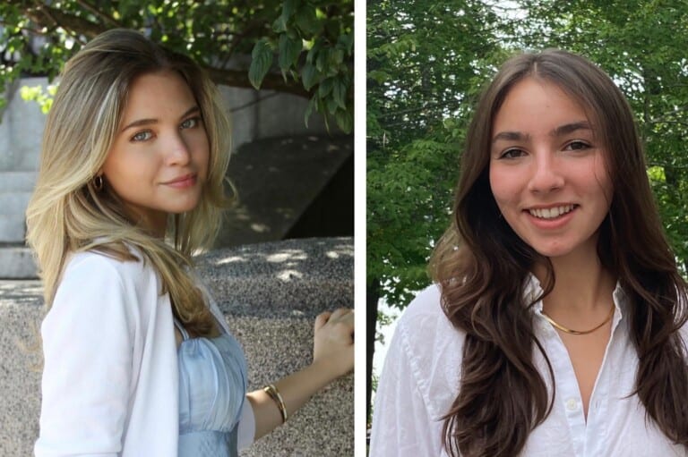 2 photos side by side, one of a young woman with blond hair in a blue dress and white cardigan, looking over her right shoulder at the camera; the other a young woman with long brown hair in a white shirt smiling at the camera