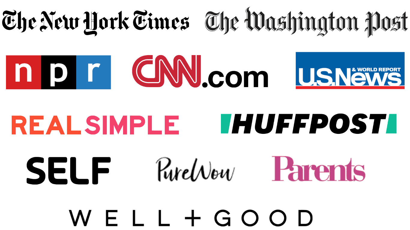 As Featured In block contains the following logos: New York Times, Washington Post, US News, NPR, HuffPost, Self, Real Simple, Well + Good, Pure Wow, and Parents, and CNN.com