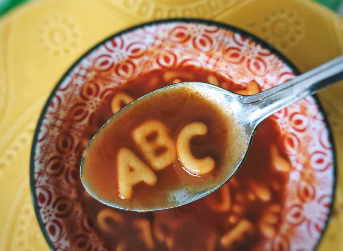 A bowl of alphabet soup. 