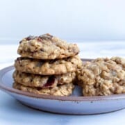Five oatmeal craisin cookies on a tarro East Fork cake plate.