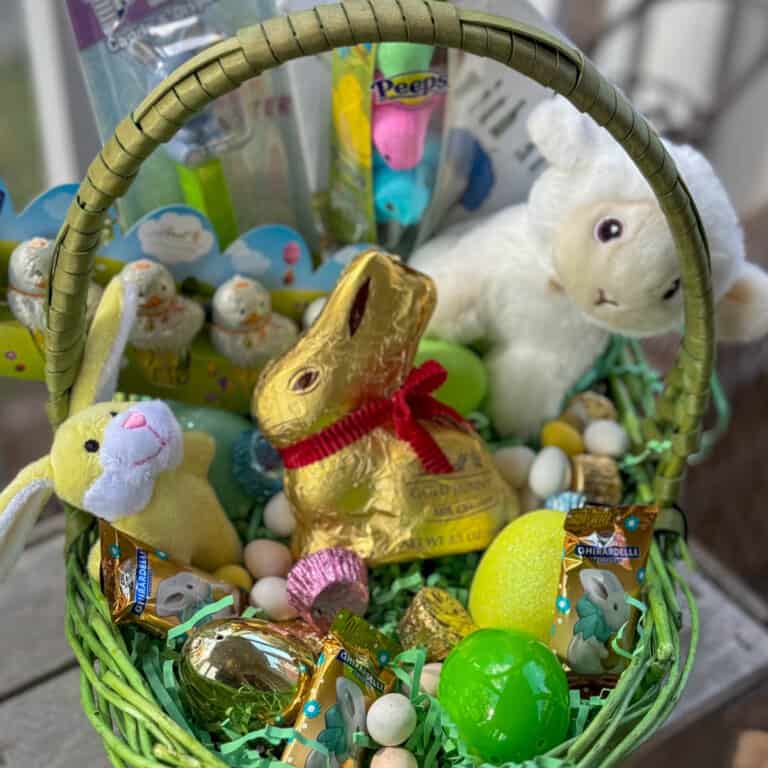 Easter basket filled with Easter basket ideas for kids like small stuffed bunny and stuffed lamb plus candy.