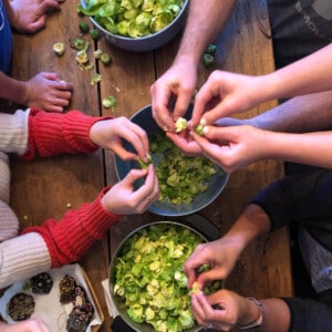 Five pairs of hands preparing Brussels sprouts for sauteed Brussels sprouts.