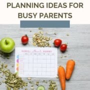 A weekly meal planner page surrounded by rolled oats, an apple, tomatoes, two carrots, and cucumber slices, with the text: "Here's how simple family meal planning ideas for busy parents.
